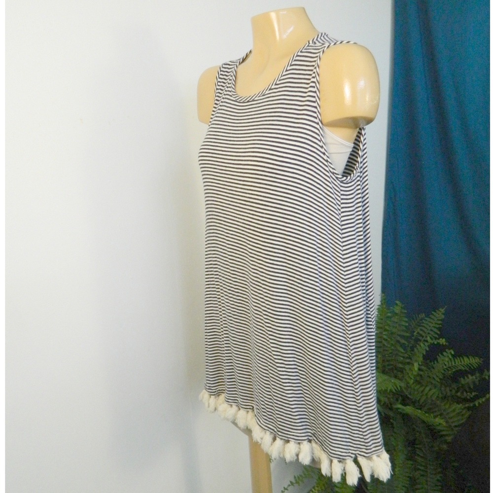 Pebble and Stone Tank Top Womens Large Blue White Striped Tassel Hem Sleeveless